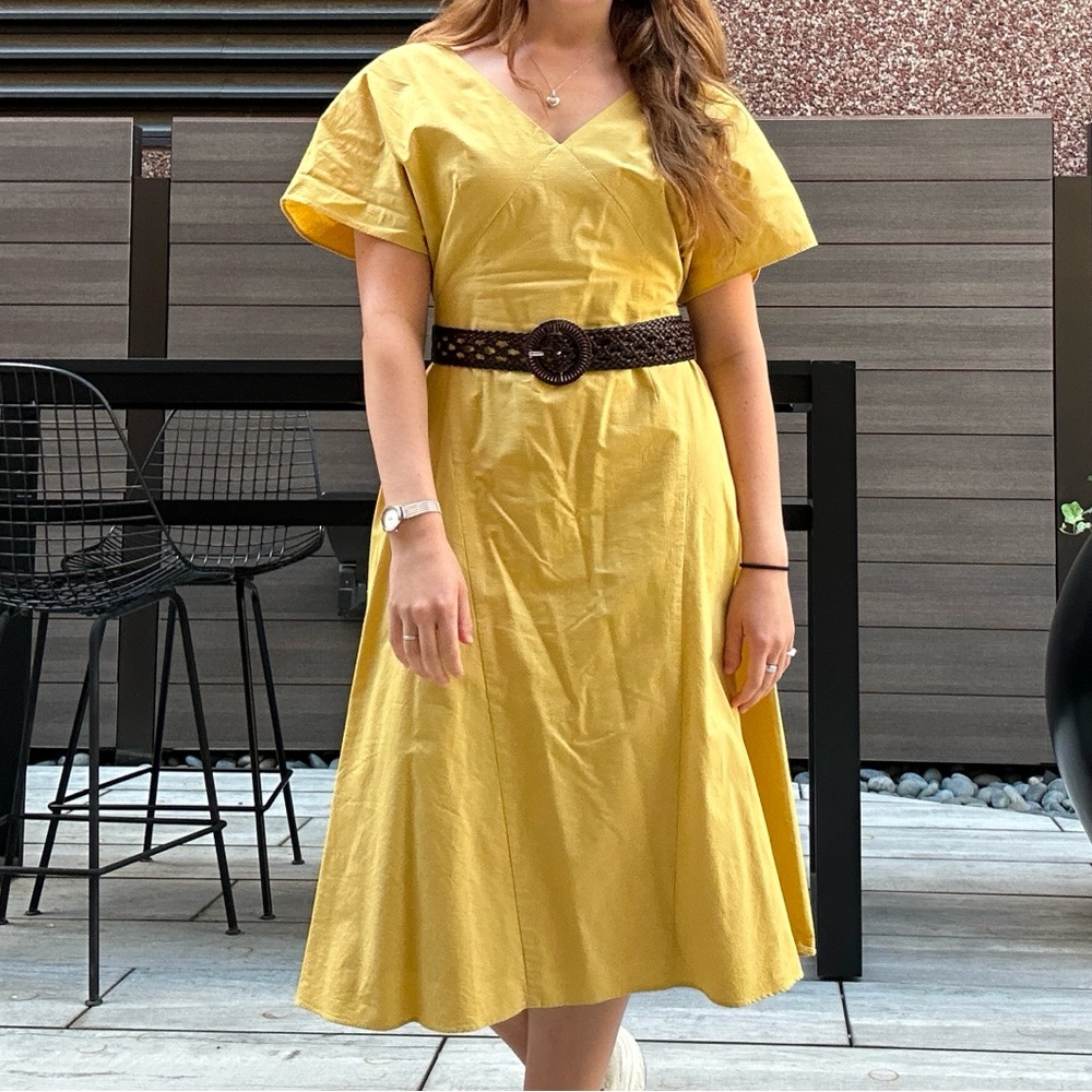 Yellow V-Neck Short Sleeve Midi Dress